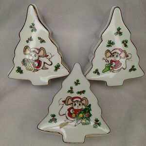 3 Lefton Christmas Tree Trinket Boxes Santa Mouse Gift Stocking Decorated Vtg